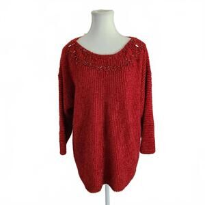 Ruby Rd. Woman Red Beaded Plus Size Neckline Sweater Size 1X